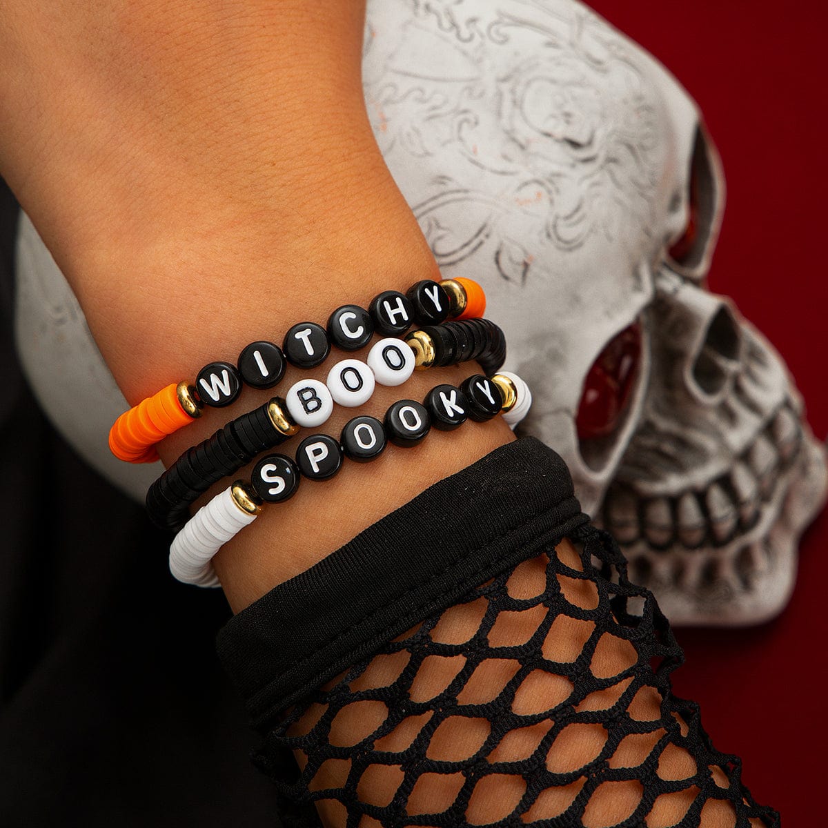 Three Tone Halloween Theme Letter Charm Stackable Bracelet Set - ArtGalleryZen