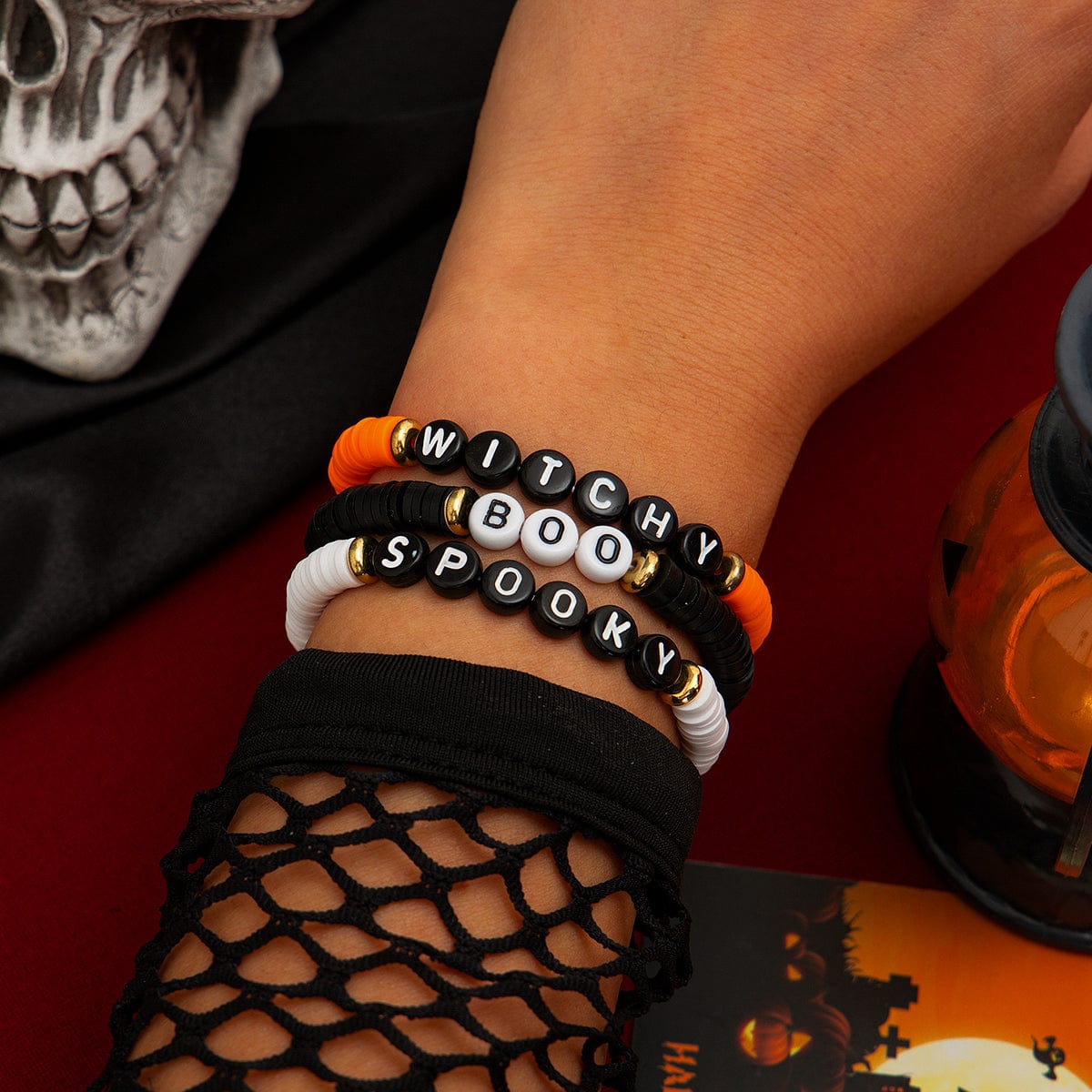 Three Tone Halloween Theme Letter Charm Stackable Bracelet Set - ArtGalleryZen