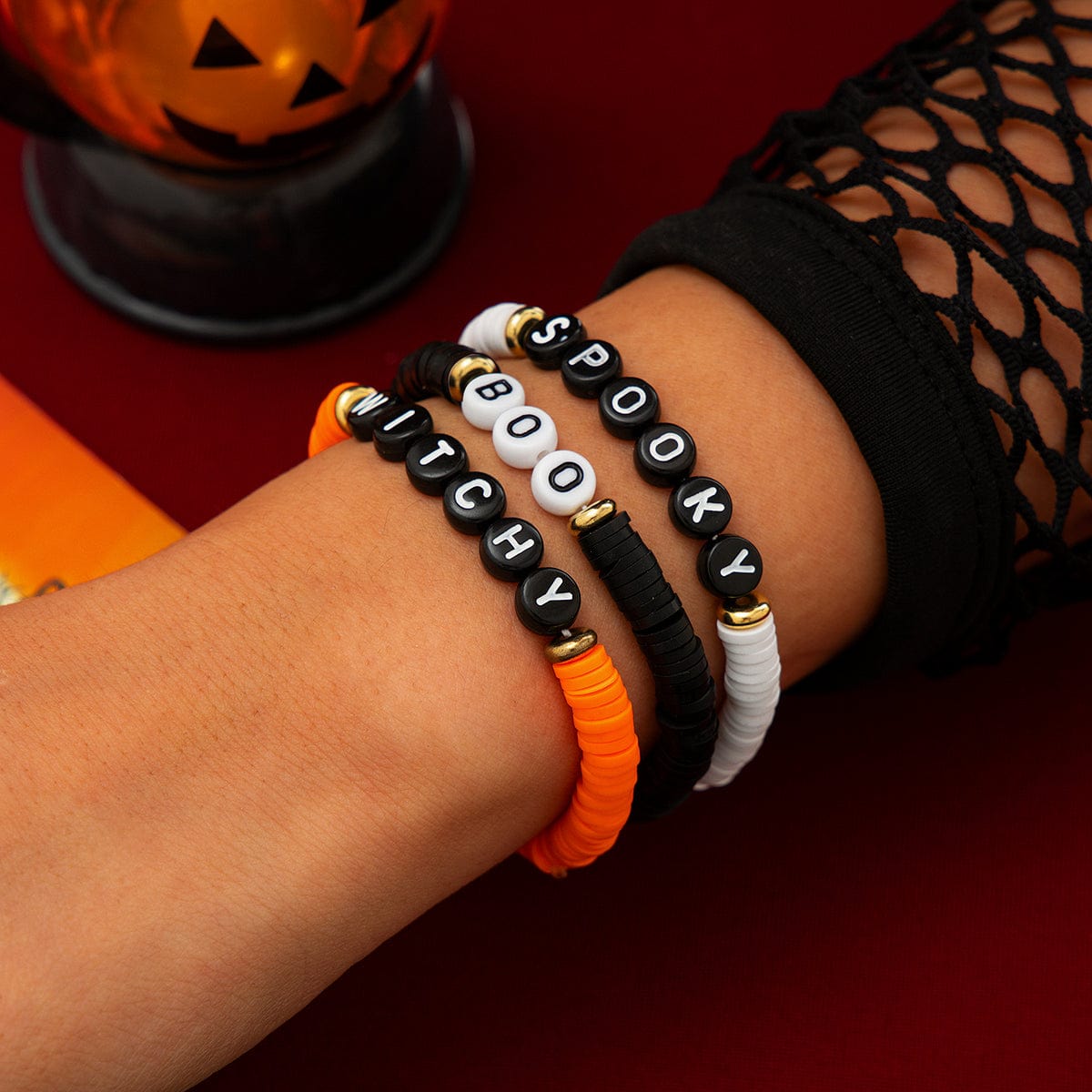 Three Tone Halloween Theme Letter Charm Stackable Bracelet Set