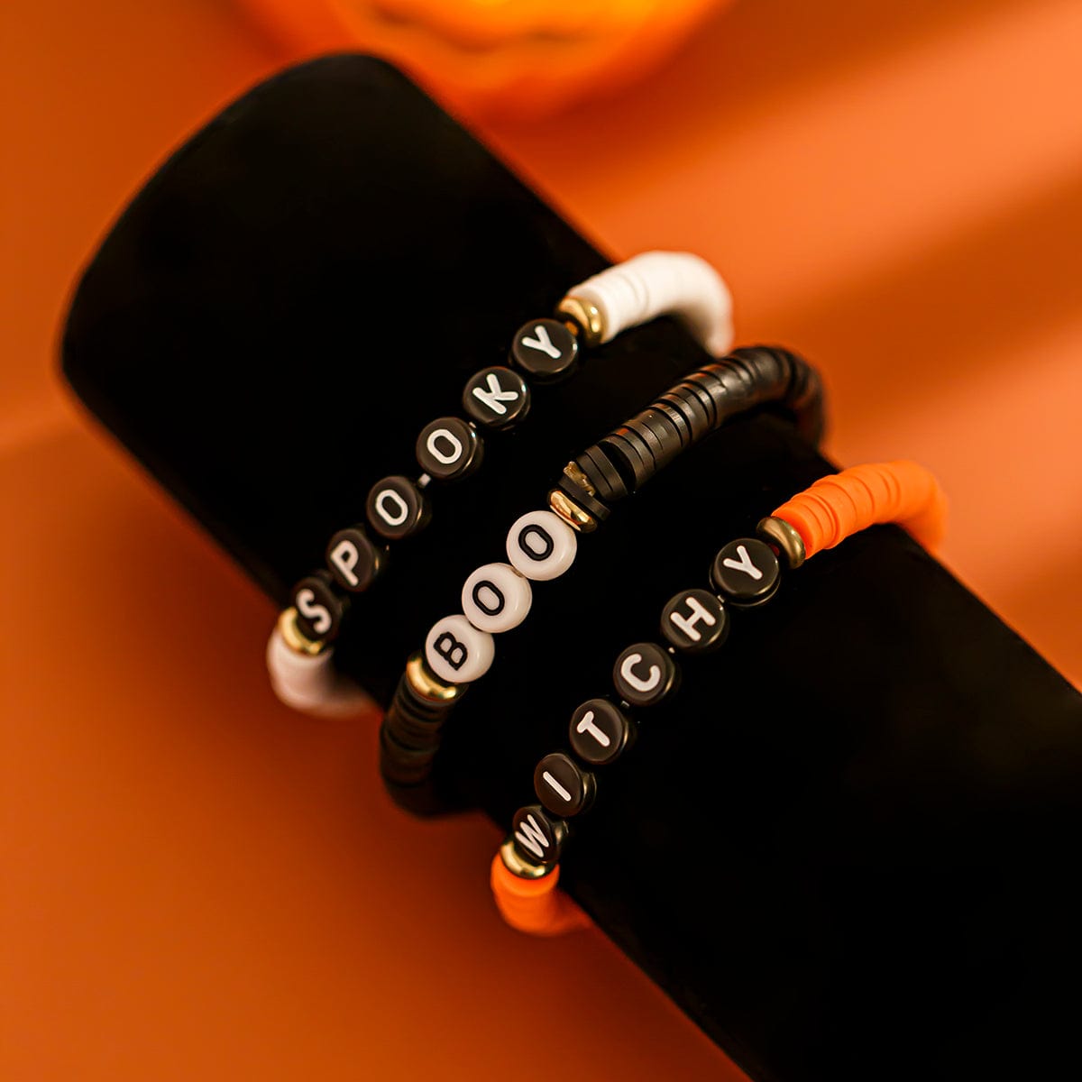 Three Tone Halloween Theme Letter Charm Stackable Bracelet Set