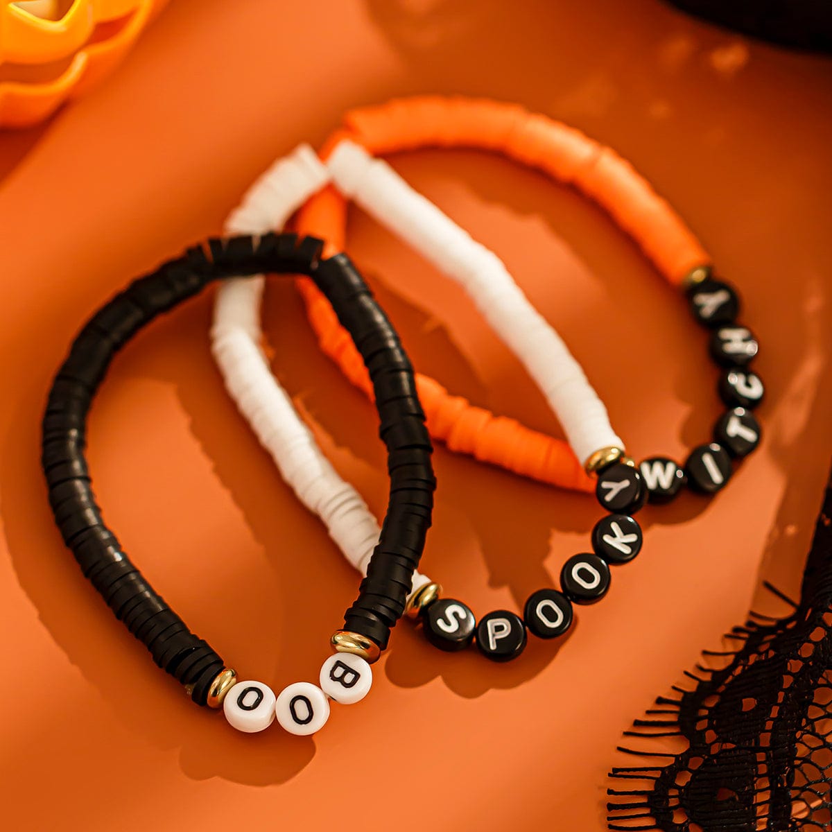 Three Tone Halloween Theme Letter Charm Stackable Bracelet Set