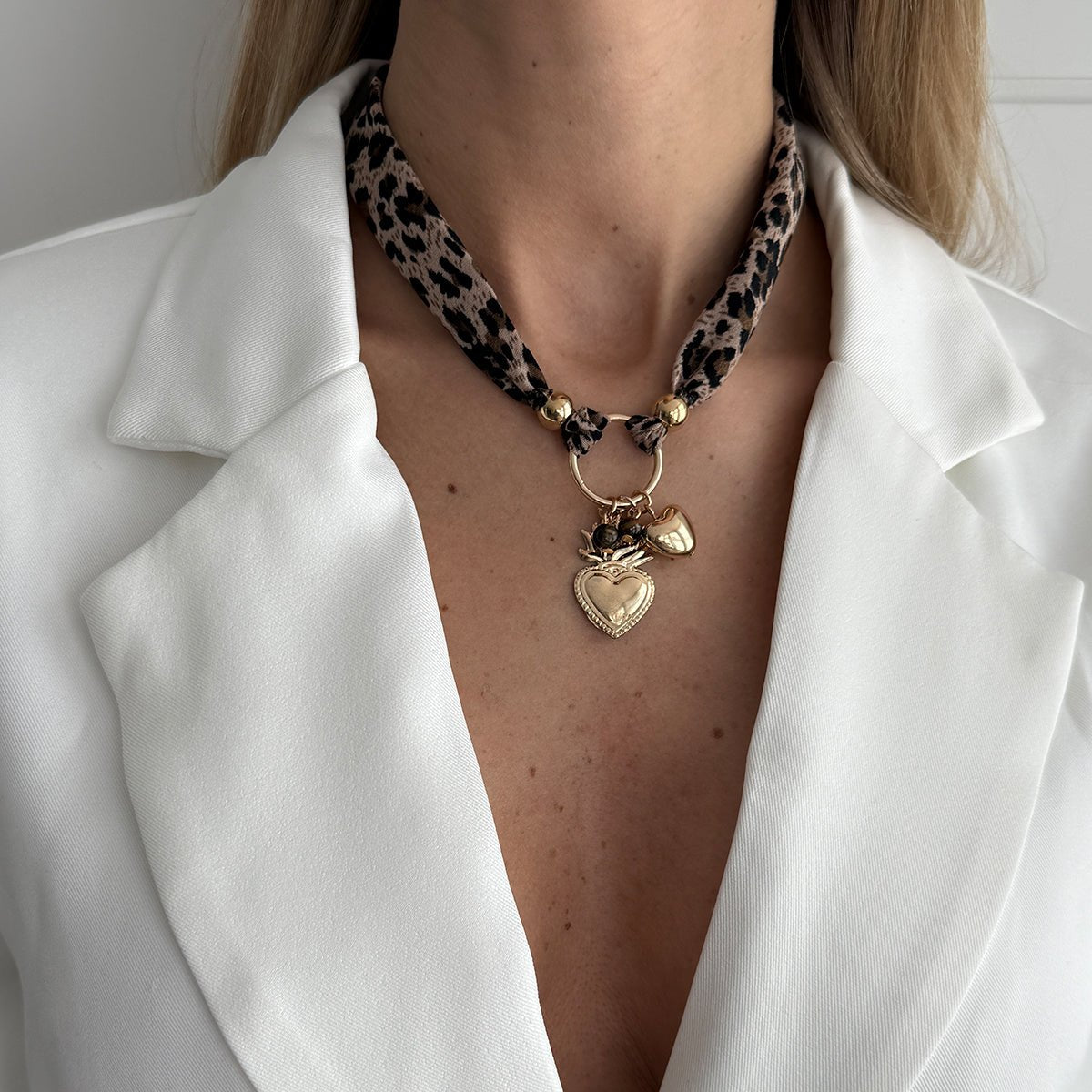 Tiger Eye Stone Heart Pendant Leopard Print Chiffon Choker Necklace - ArtGalleryZen