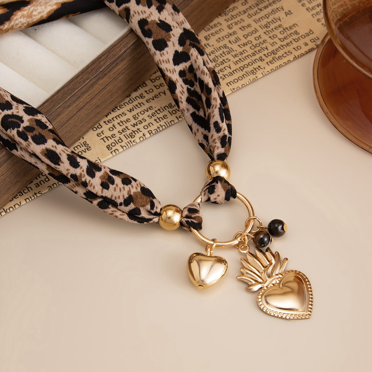 Tiger Eye Stone Heart Pendant Leopard Print Chiffon Choker Necklace - ArtGalleryZen