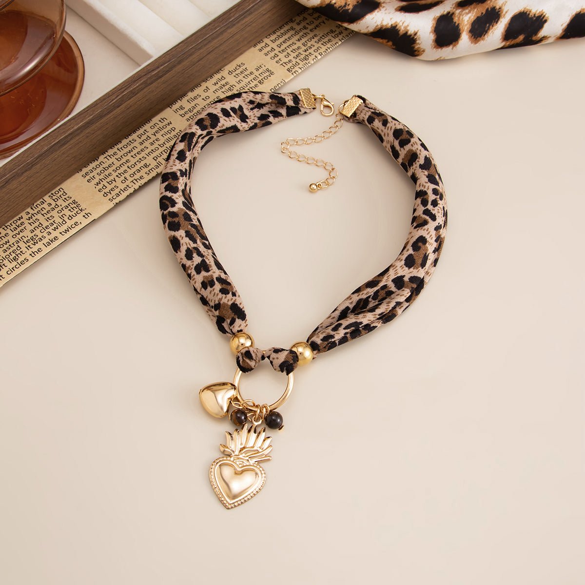 Tiger Eye Stone Heart Pendant Leopard Print Chiffon Choker Necklace - ArtGalleryZen