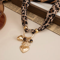 Thumbnail for Tiger Eye Stone Heart Pendant Leopard Print Chiffon Choker Necklace - ArtGalleryZen