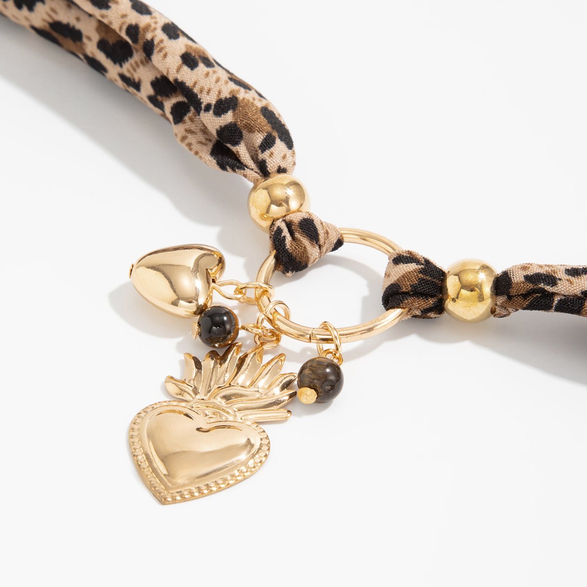 Tiger Eye Stone Heart Pendant Leopard Print Chiffon Choker Necklace - ArtGalleryZen