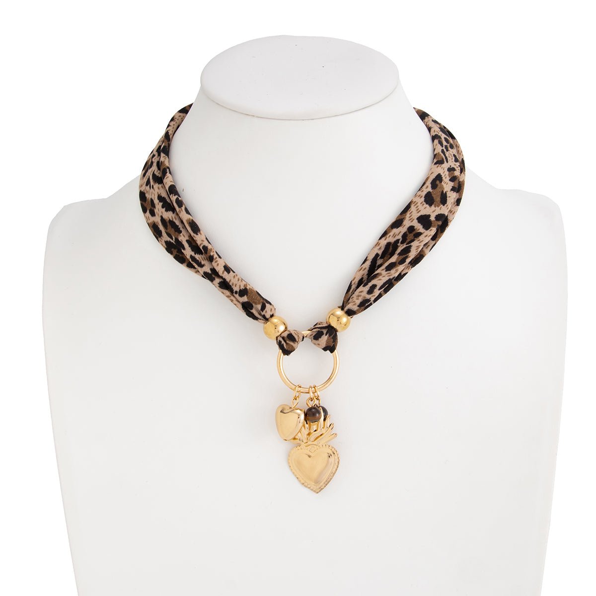 Tiger Eye Stone Heart Pendant Leopard Print Chiffon Choker Necklace - ArtGalleryZen