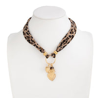 Thumbnail for Tiger Eye Stone Heart Pendant Leopard Print Chiffon Choker Necklace - ArtGalleryZen