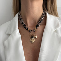 Thumbnail for Tiger Eye Stone Heart Pendant Leopard Print Chiffon Choker Necklace - ArtGalleryZen