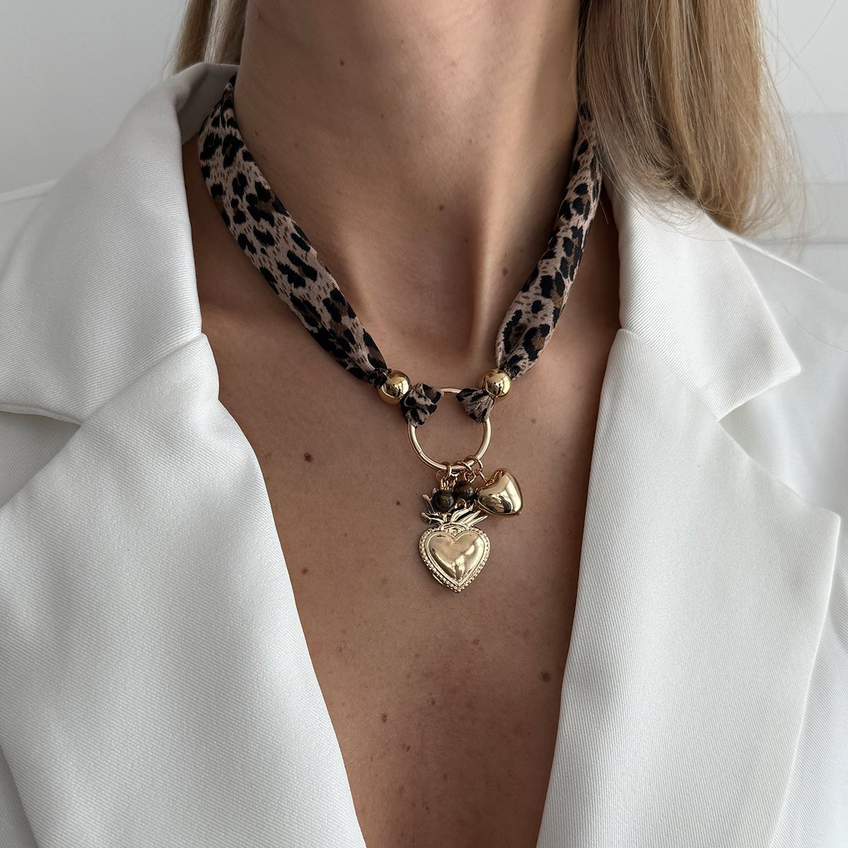 Tiger Eye Stone Heart Pendant Leopard Print Chiffon Choker Necklace - ArtGalleryZen