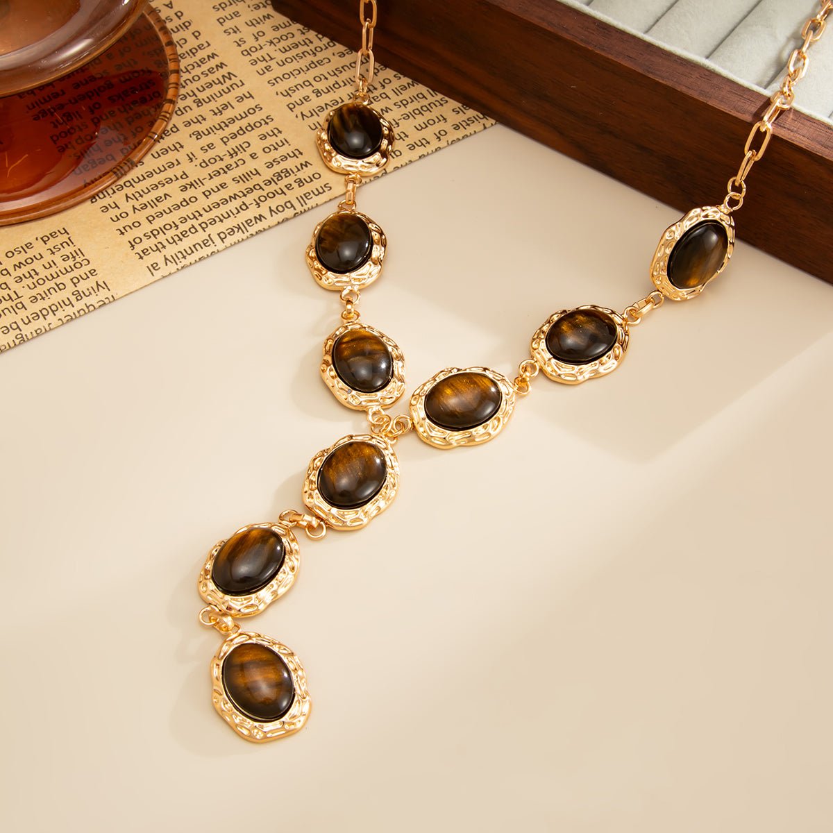 Tiger's Eye Oval Disk Y Necklace Vintage Gold Gemstone - ArtGalleryZen - ArtGalleryZen