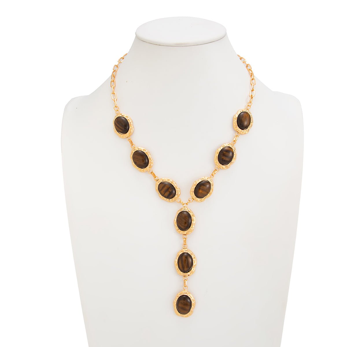 Tiger's Eye Oval Disk Y Necklace Vintage Gold Gemstone - ArtGalleryZen - ArtGalleryZen