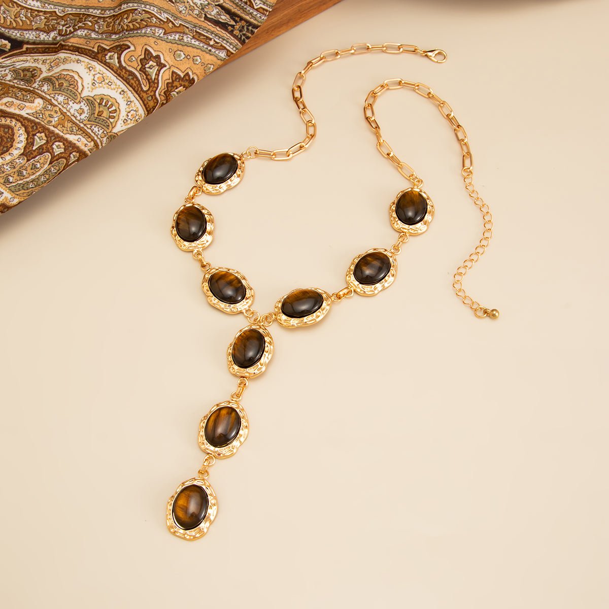 Tiger's Eye Oval Disk Y Necklace Vintage Gold Gemstone - ArtGalleryZen - ArtGalleryZen