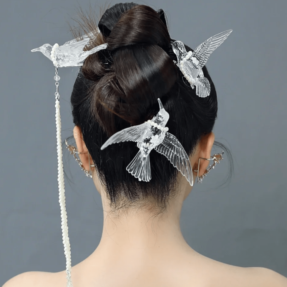 Transparent Lovebird Magpie Pearl Long Chain Tassel Hair Fork Hair Clip Set - ArtGalleryZen