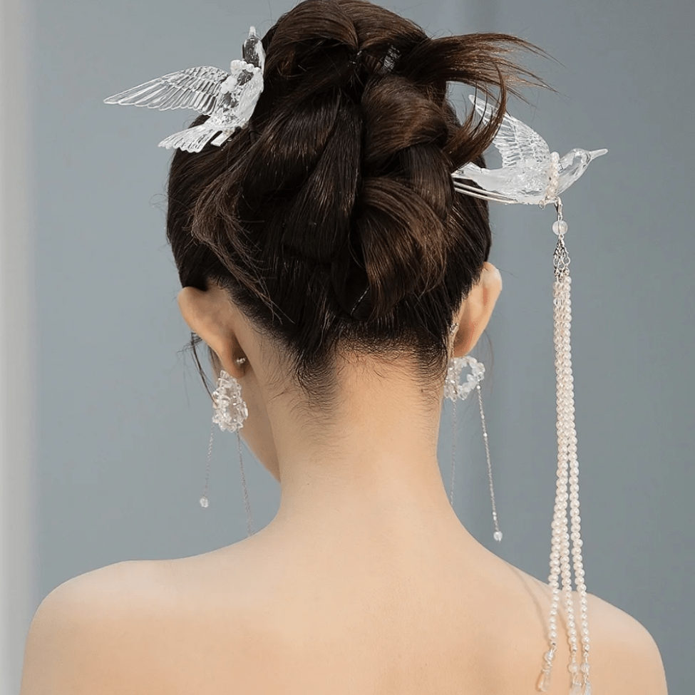 Transparent Lovebird Magpie Pearl Long Chain Tassel Hair Fork Hair Clip Set - ArtGalleryZen