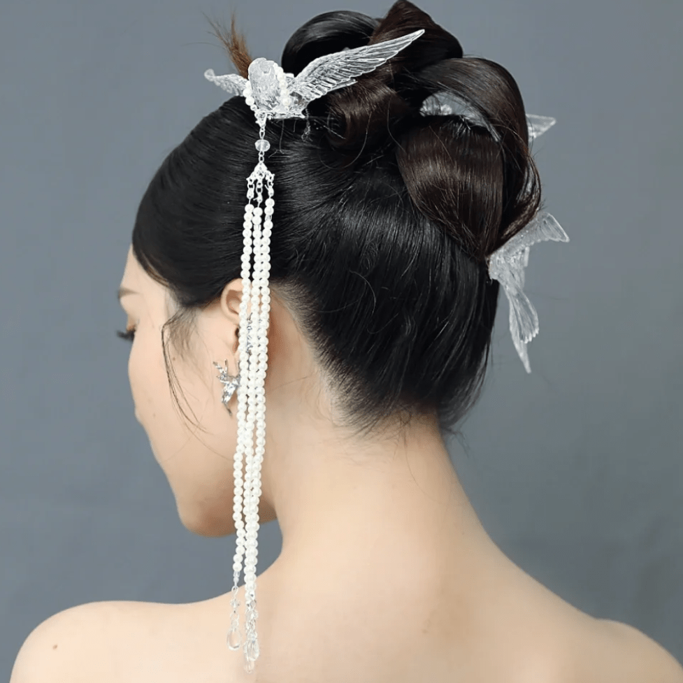 Transparent Lovebird Magpie Pearl Long Chain Tassel Hair Fork Hair Clip Set - ArtGalleryZen