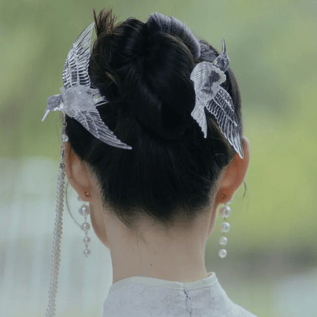 Transparent Lovebird Magpie Pearl Long Chain Tassel Hair Fork Hair Clip Set