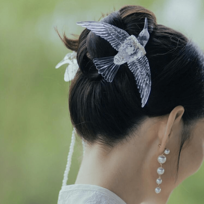 Transparent Lovebird Magpie Pearl Long Chain Tassel Hair Fork Hair Clip Set