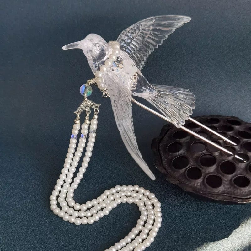 Transparent Lovebird Magpie Pearl Long Chain Tassel Hair Fork Hair Clip Set