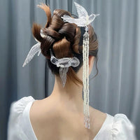 Thumbnail for Transparent Lovebird Magpie Pearl Long Chain Tassel Hair Fork Hair Clip Set