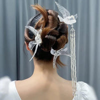 Thumbnail for Transparent Lovebird Magpie Pearl Long Chain Tassel Hair Fork Hair Clip Set