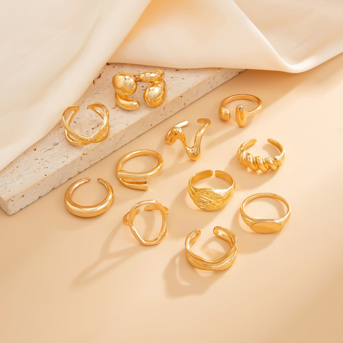 Trendy 11pcs Gold Silver Tone Hollow Waterdrop Twisted Ring Set - ArtGalleryZen