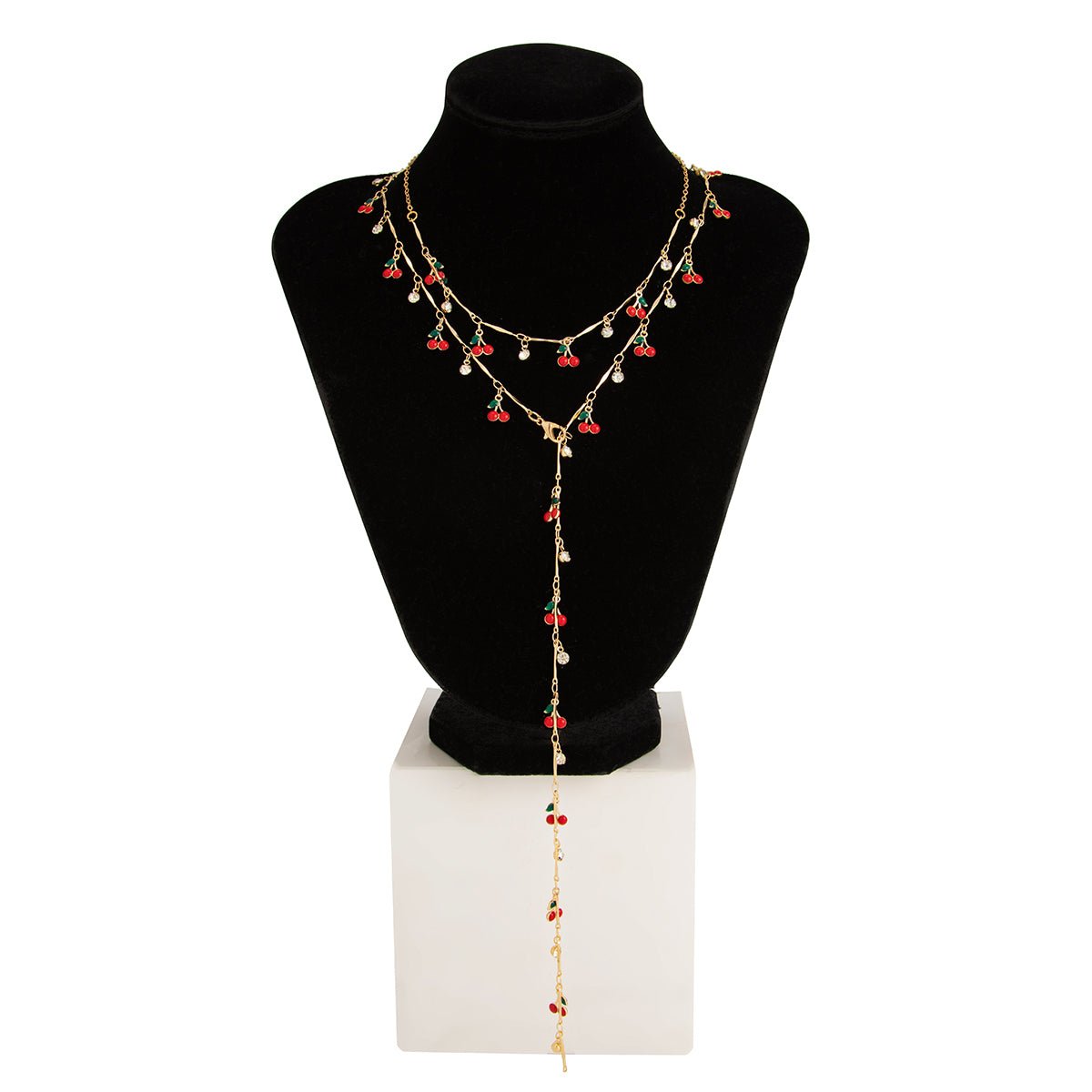 Trendy 2pcs Enamel Cherry Rhinestone Charm Y Necklace Set - ArtGalleryZen