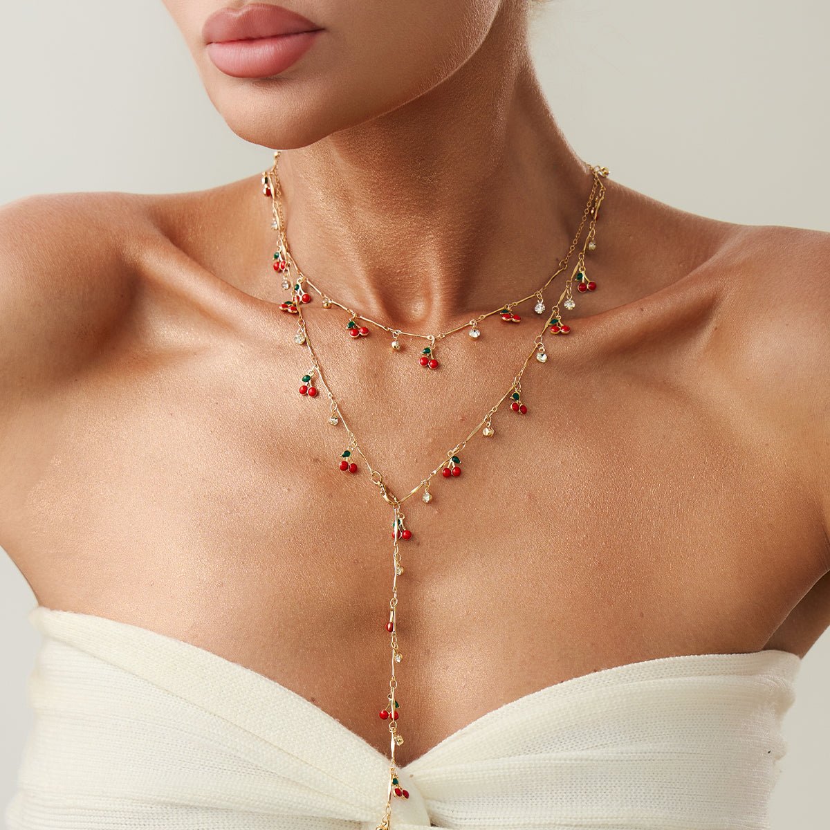 Trendy 2pcs Enamel Cherry Rhinestone Charm Y Necklace Set - ArtGalleryZen
