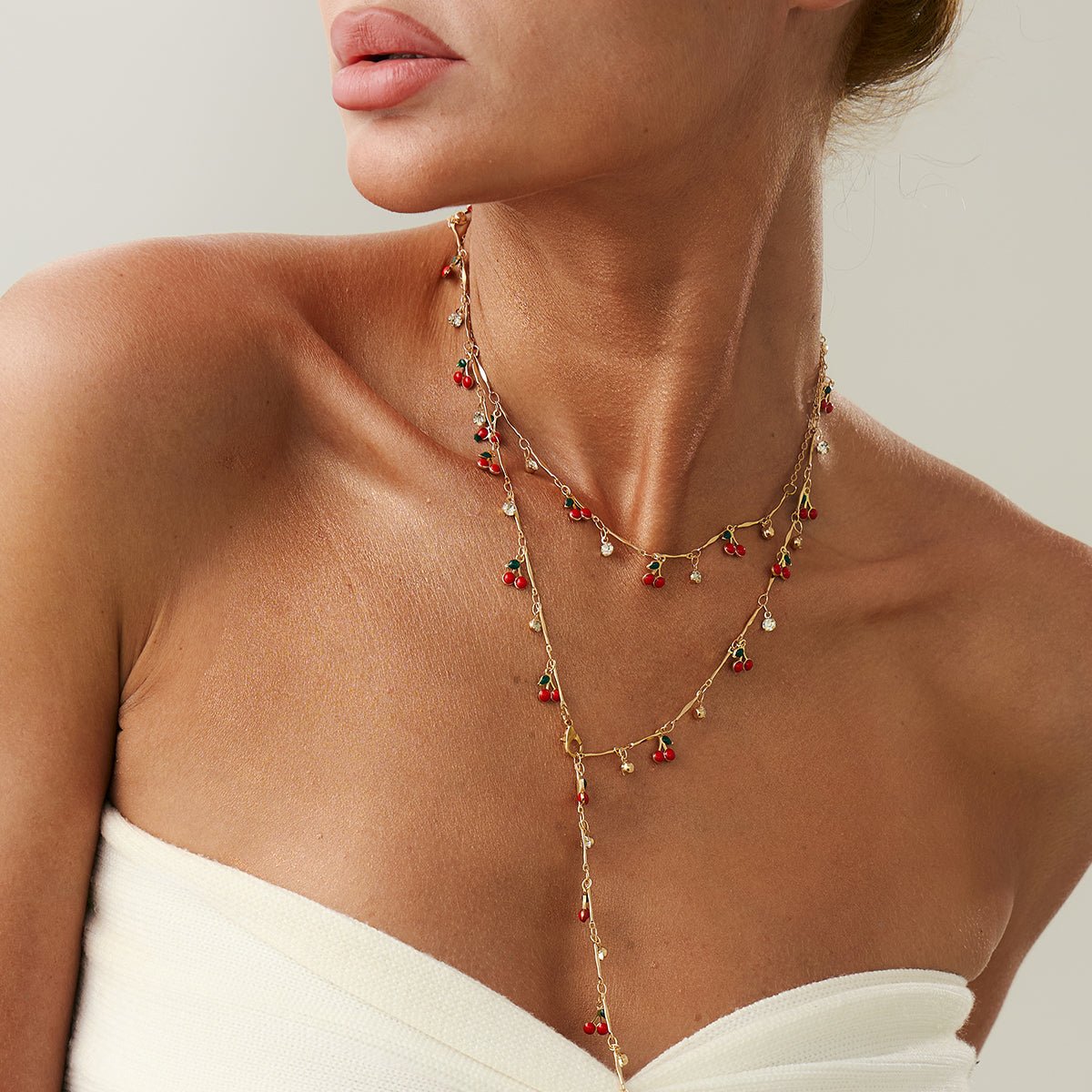Trendy 2pcs Enamel Cherry Rhinestone Charm Y Necklace Set - ArtGalleryZen