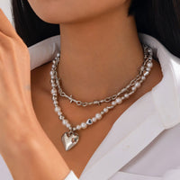 Thumbnail for Trendy 2pcs Gold Silver Plated Heart Pendant Pearl Necklace Set - ArtGalleryZen