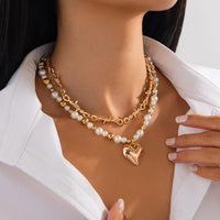 Thumbnail for Trendy 2pcs Gold Silver Plated Heart Pendant Pearl Necklace Set - ArtGalleryZen