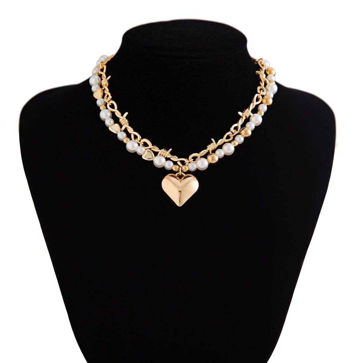 Trendy 2pcs Gold Silver Plated Heart Pendant Pearl Necklace Set - ArtGalleryZen