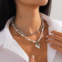Thumbnail for Trendy 2pcs Gold Silver Plated Heart Pendant Pearl Necklace Set - ArtGalleryZen
