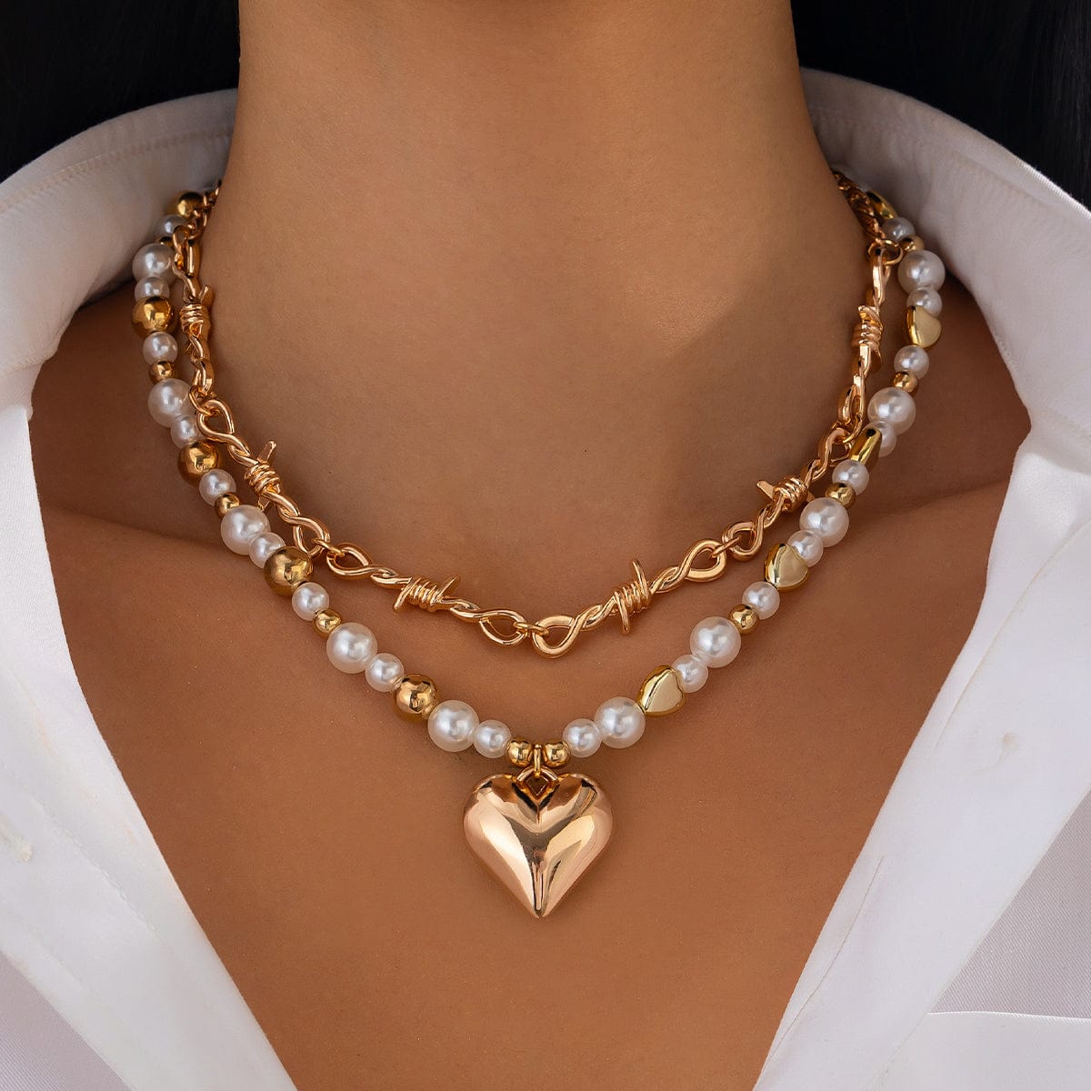 Trendy 2pcs Gold Silver Plated Heart Pendant Pearl Necklace Set