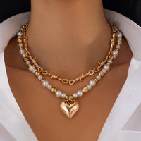 Thumbnail for Trendy 2pcs Gold Silver Plated Heart Pendant Pearl Necklace Set