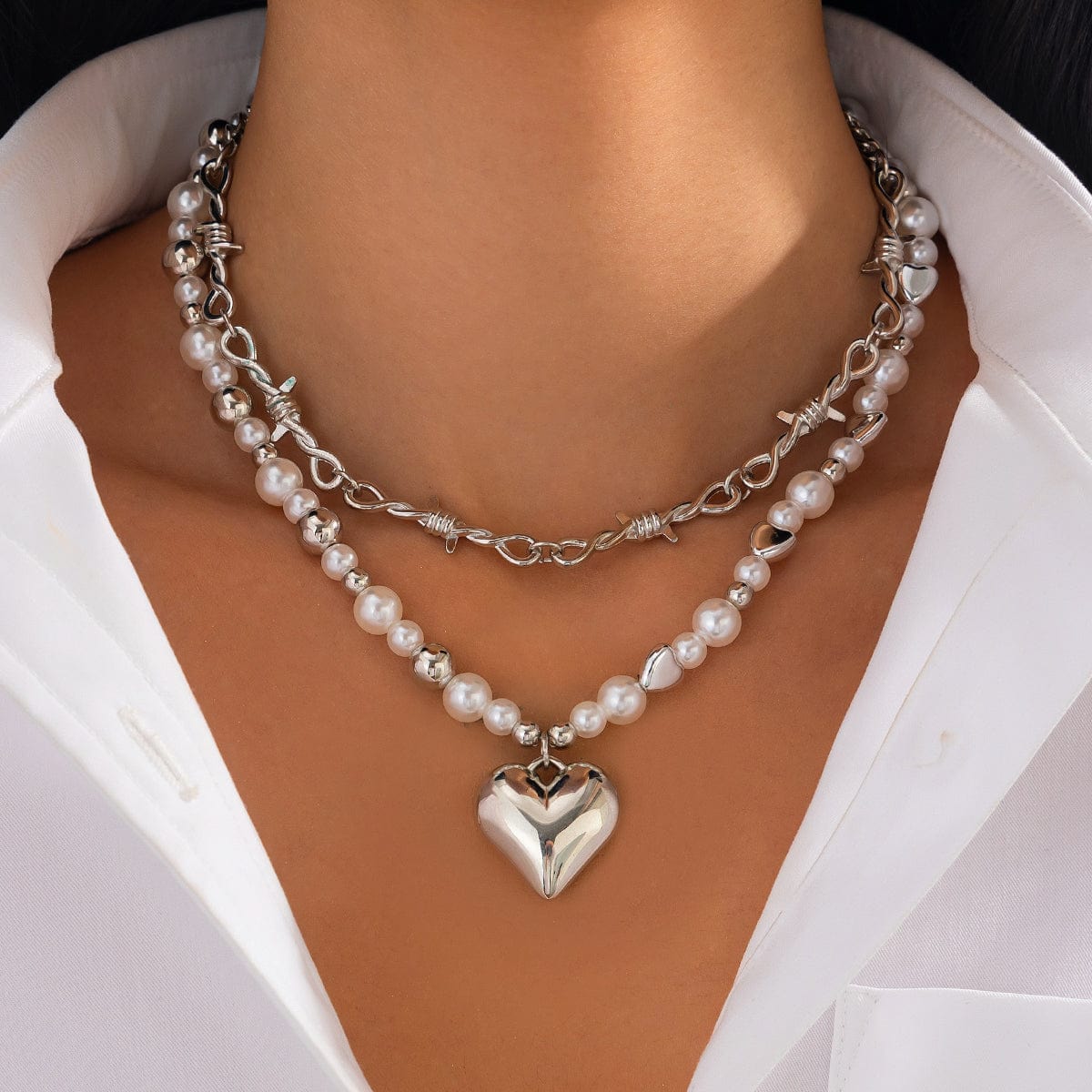 Trendy 2pcs Gold Silver Plated Heart Pendant Pearl Necklace Set