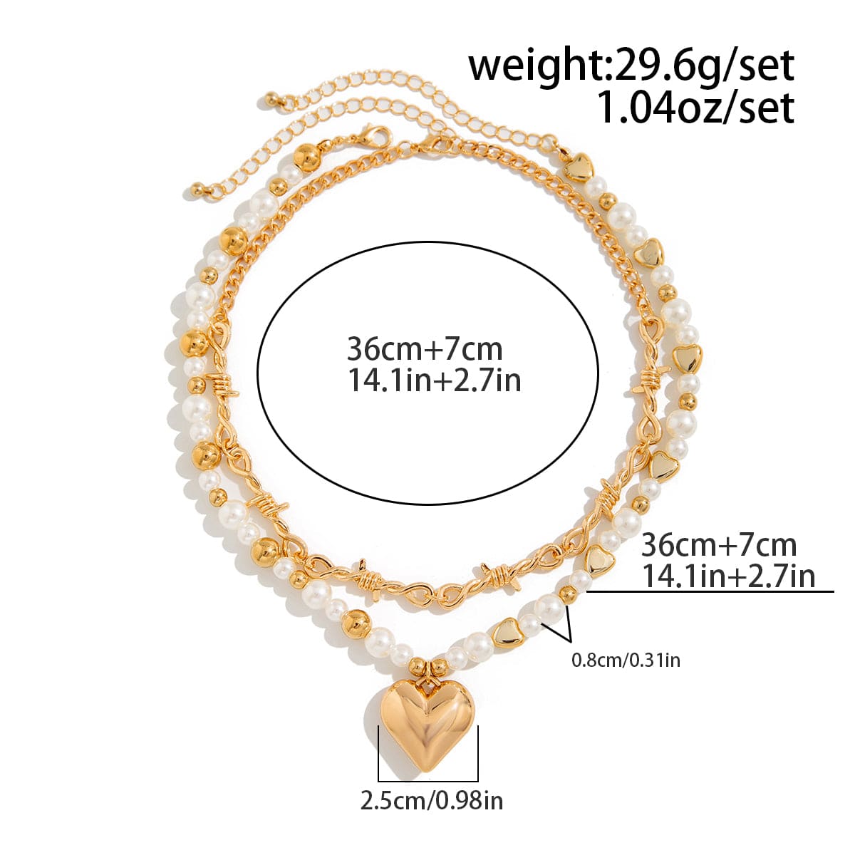 Trendy 2pcs Gold Silver Plated Heart Pendant Pearl Necklace Set