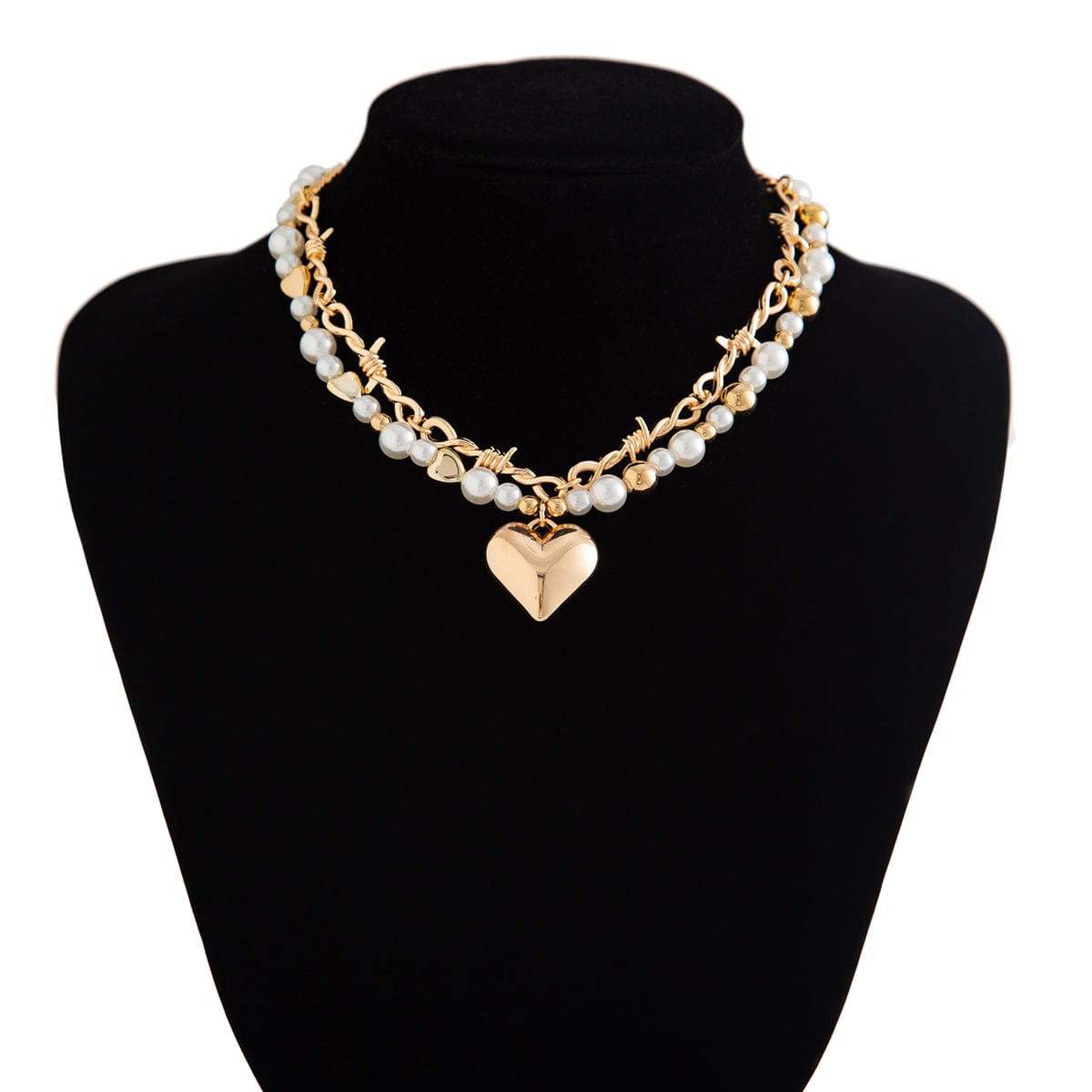 Trendy 2pcs Gold Silver Plated Heart Pendant Pearl Necklace Set