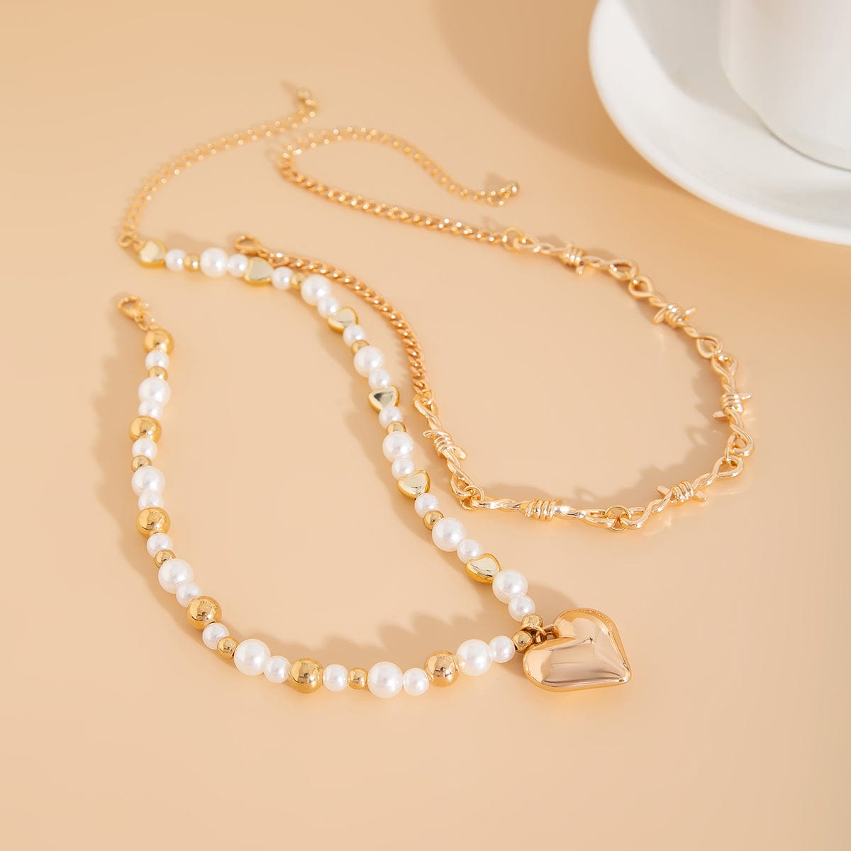 Trendy 2pcs Gold Silver Plated Heart Pendant Pearl Necklace Set