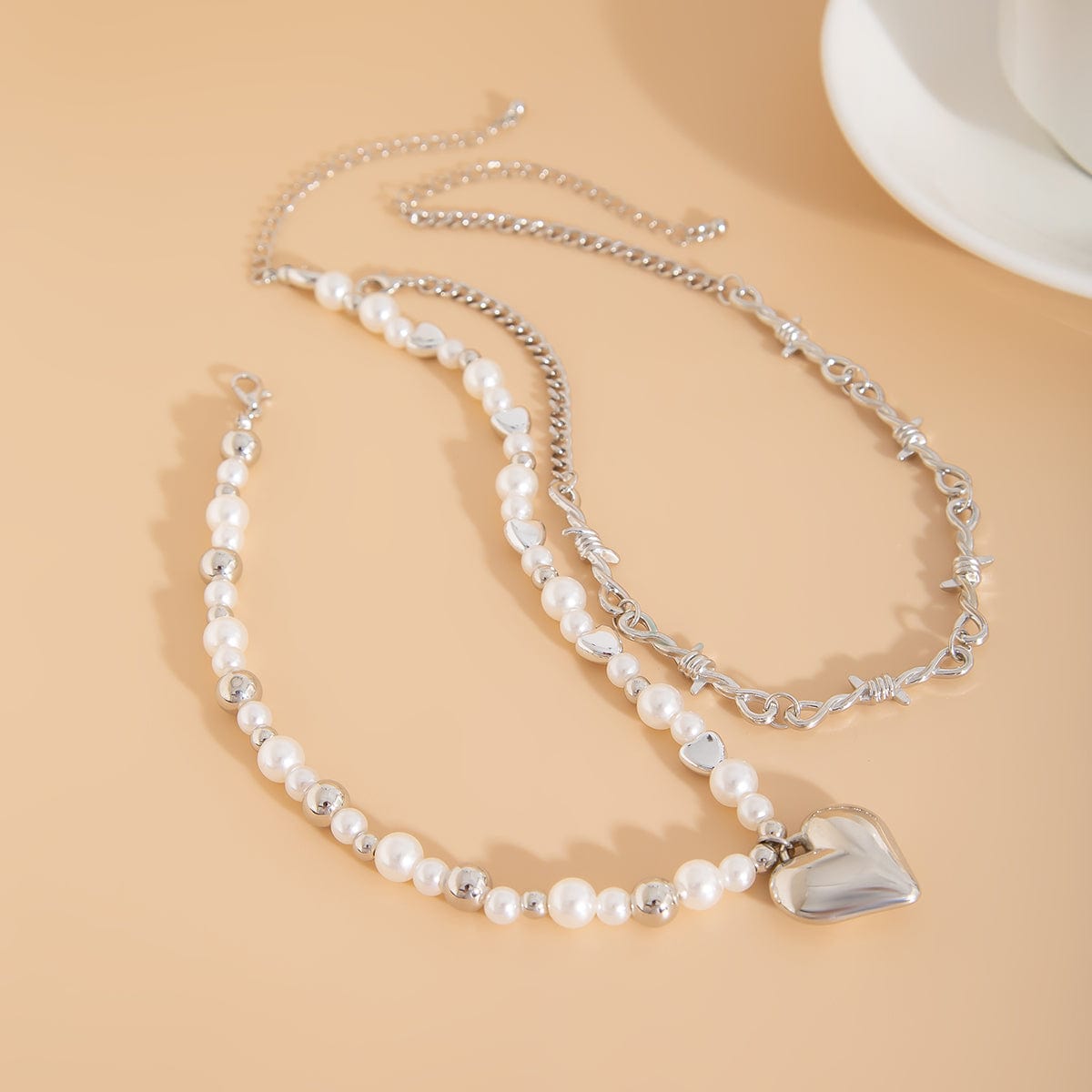 Trendy 2pcs Gold Silver Plated Heart Pendant Pearl Necklace Set