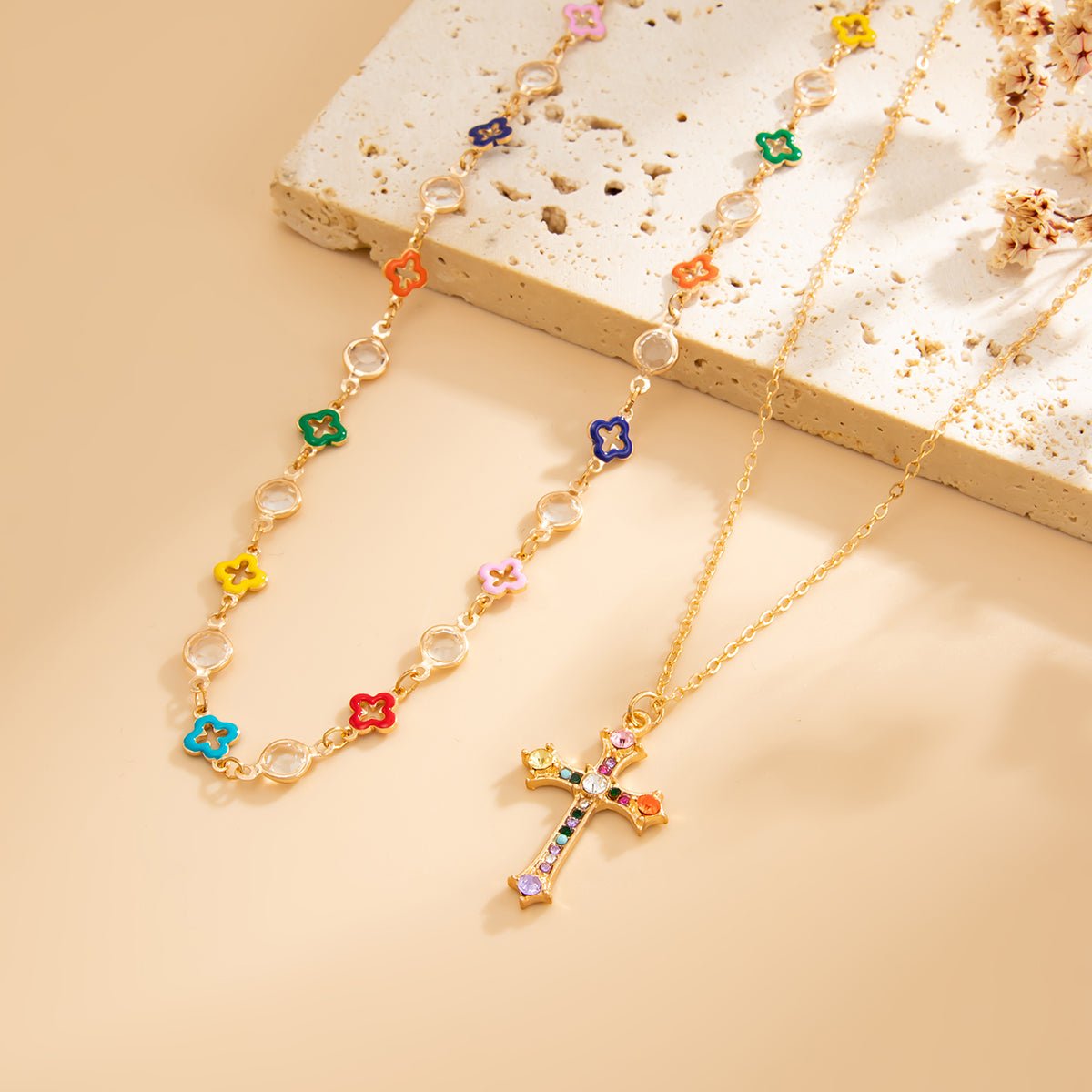 Trendy 2pcs Rhinestone Inlaid Cross Pendant Crystal Chain Necklace Set - ArtGalleryZen