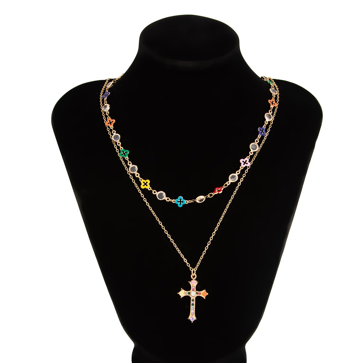 Trendy 2pcs Rhinestone Inlaid Cross Pendant Crystal Chain Necklace Set - ArtGalleryZen