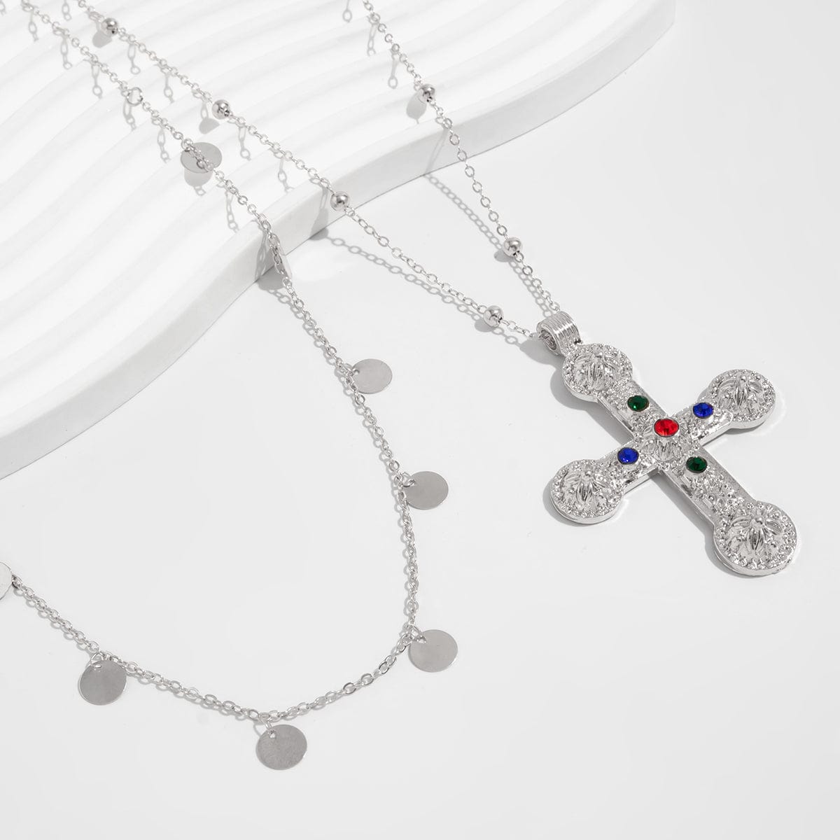 Trendy 2pcs Rhinestone Inlaid Cross Pendant Sequin Tassel Belly Chain Set - ArtGalleryZen