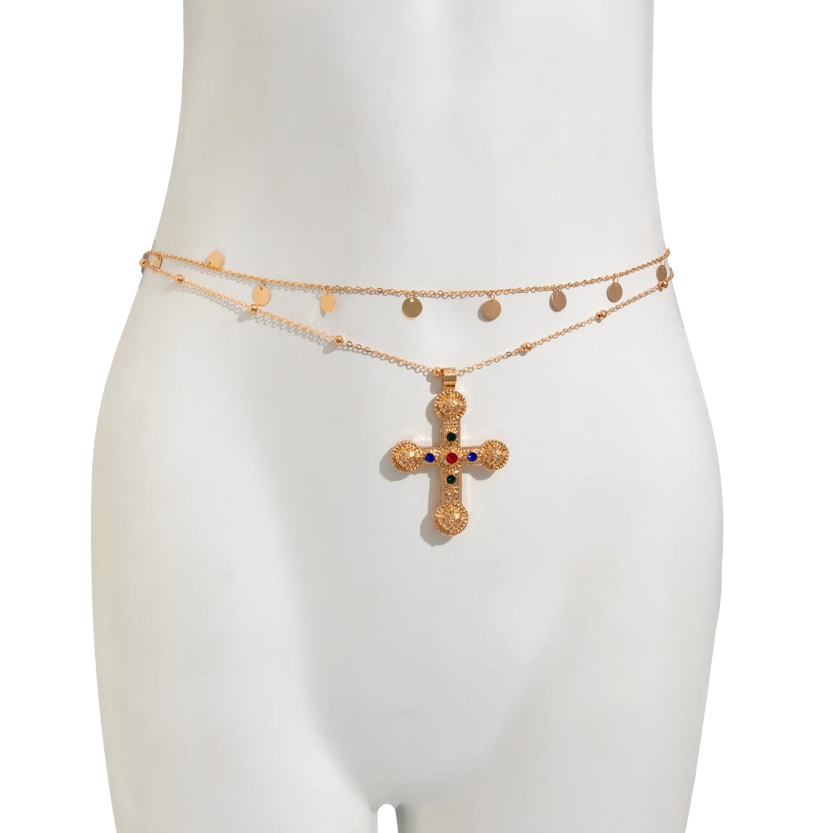 Trendy 2pcs Rhinestone Inlaid Cross Pendant Sequin Tassel Belly Chain Set - ArtGalleryZen