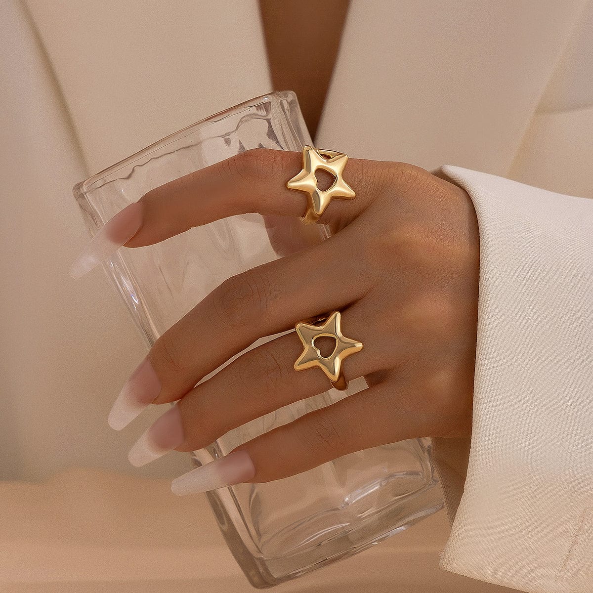 Trendy 2Pcs Star Hollow Heart Open Ring Set - ArtGalleryZen