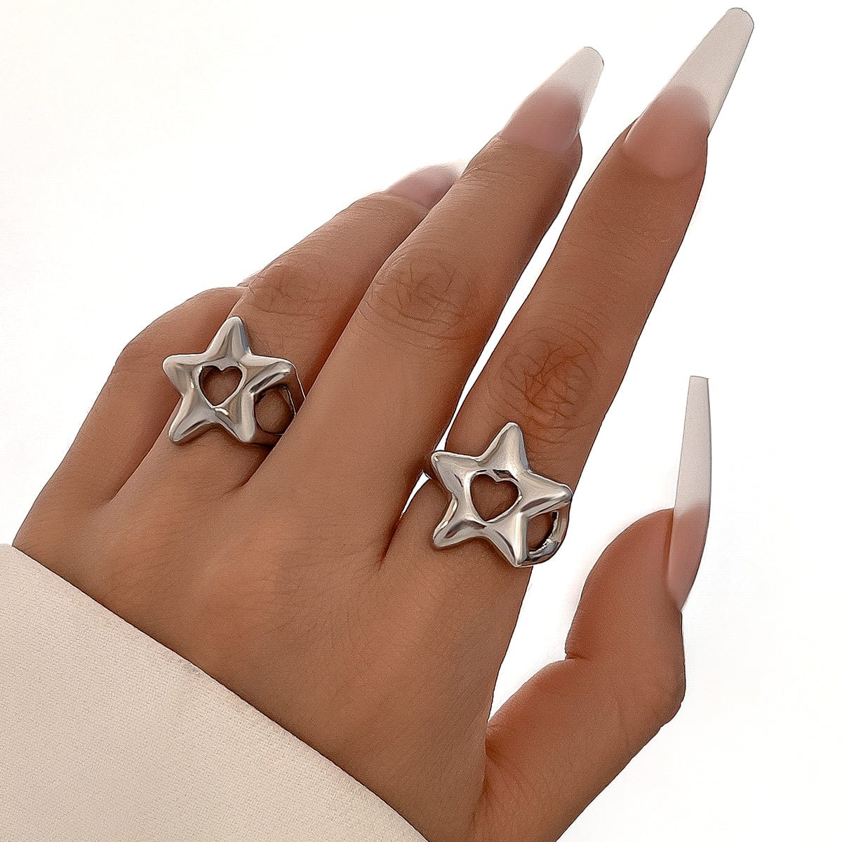Trendy 2Pcs Star Hollow Heart Open Ring Set - ArtGalleryZen