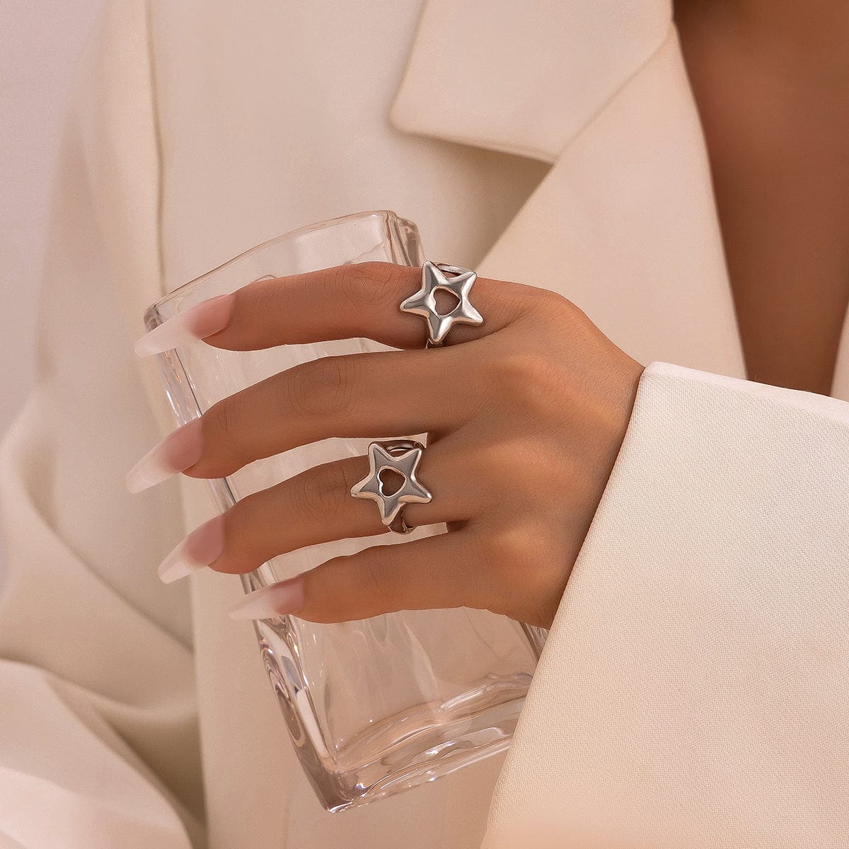 Trendy 2Pcs Star Hollow Heart Open Ring Set