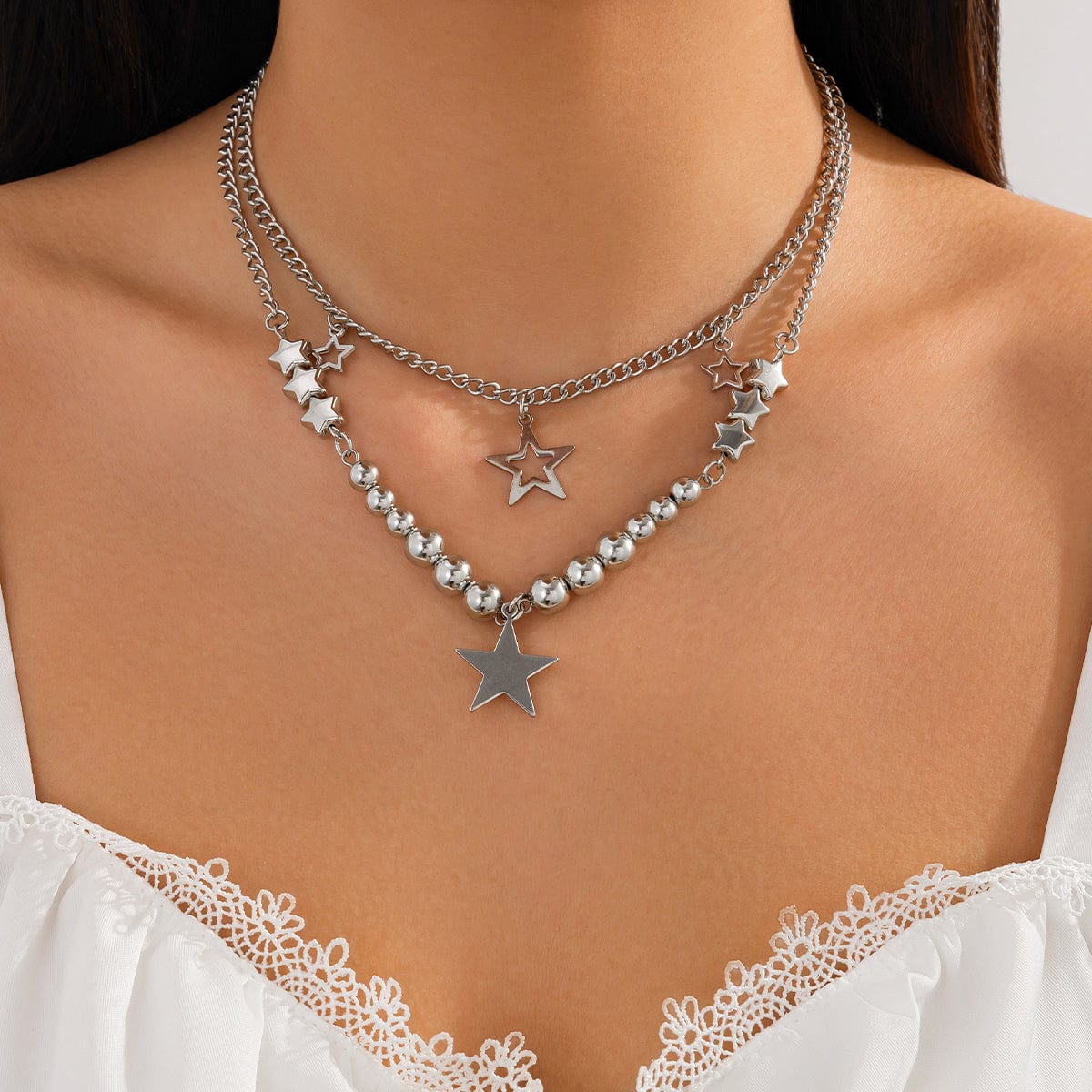 Trendy 2pcs Star Tassel Ball Curb Chain Necklace Set