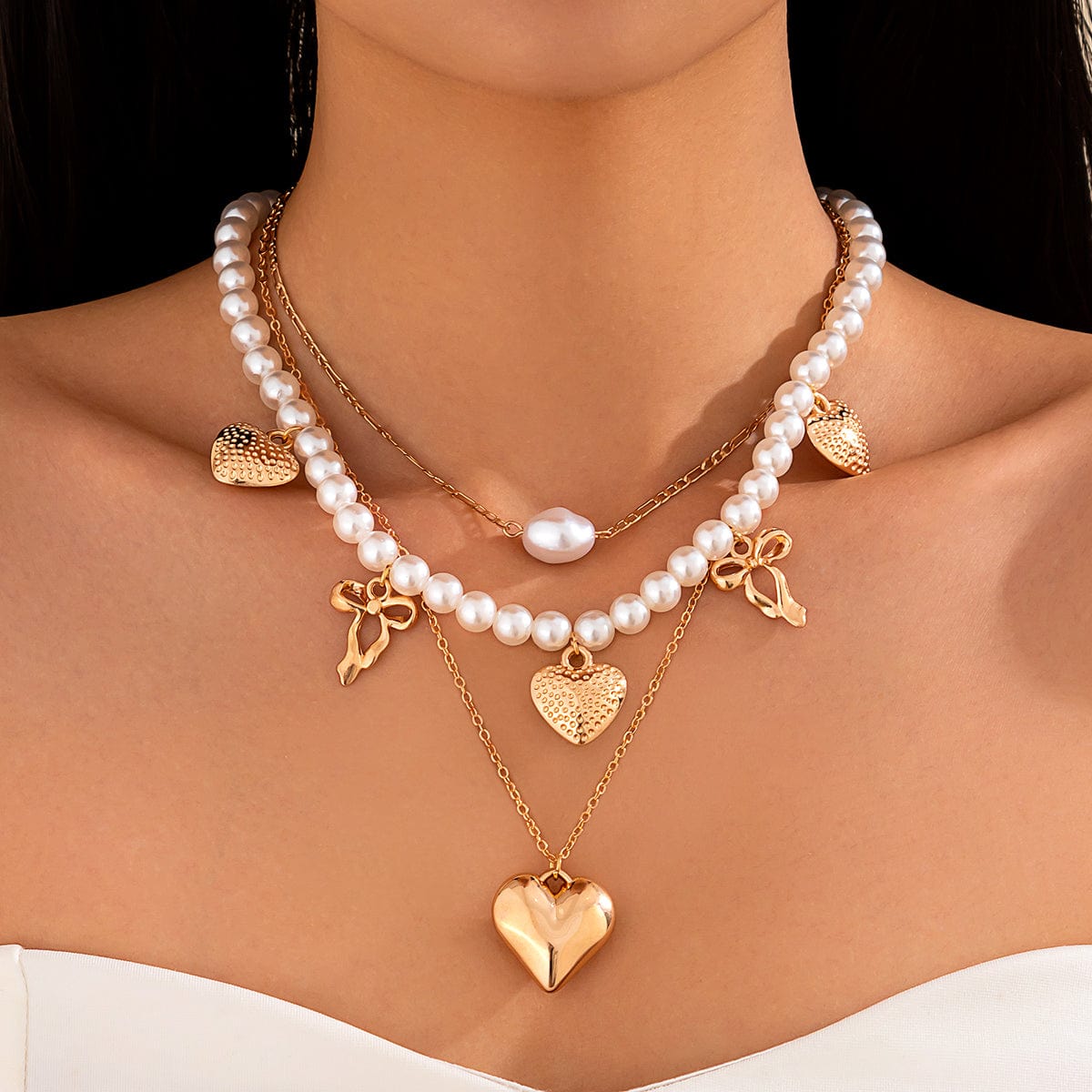 Trendy 3pcs Bowknot Heart Pendant Pearl Chain Necklace Set - ArtGalleryZen
