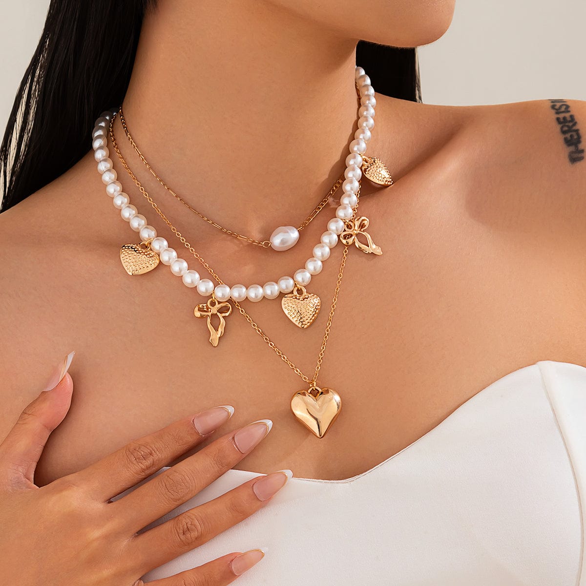 Trendy 3pcs Bowknot Heart Pendant Pearl Chain Necklace Set - ArtGalleryZen